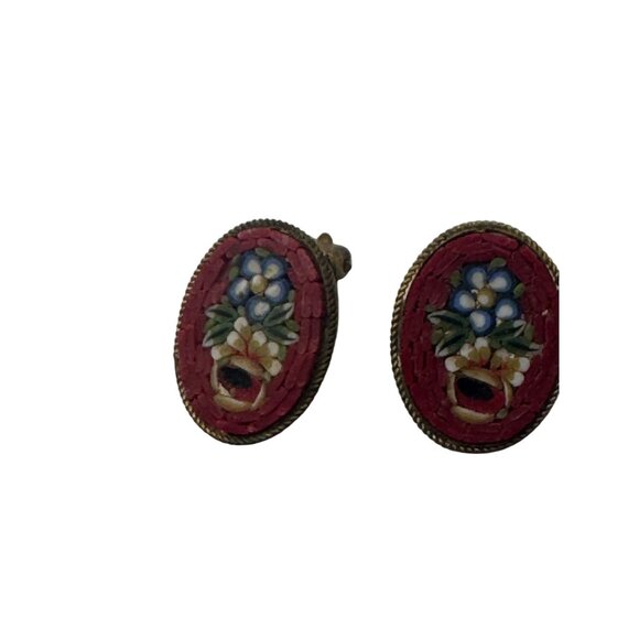 Vintage Italian Micro Mosaic Clip-On Earrings With Red Floral Design & Gold-Tone - Picture 7 of 9